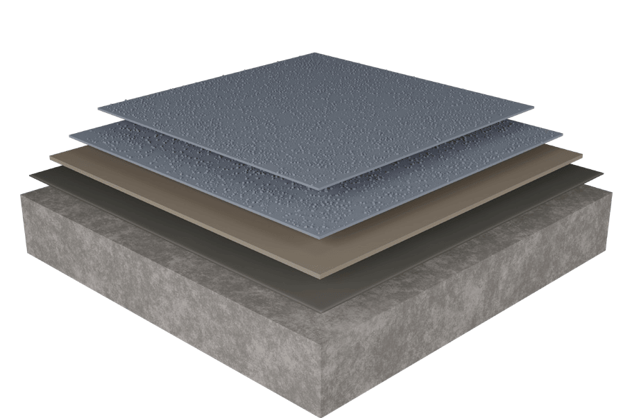 Exploded diagram of the DriveDeck system: a concrete deck with primer, base coat, and textured top coat layers above it